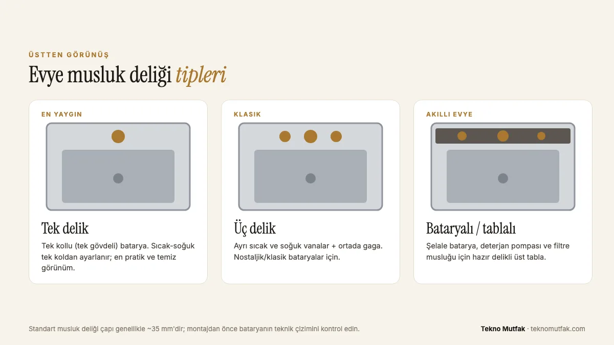 Evye musluk deliği tipleri üstten görünüş: tek delik, üç delik ve bataryalı tablalı akıllı evye