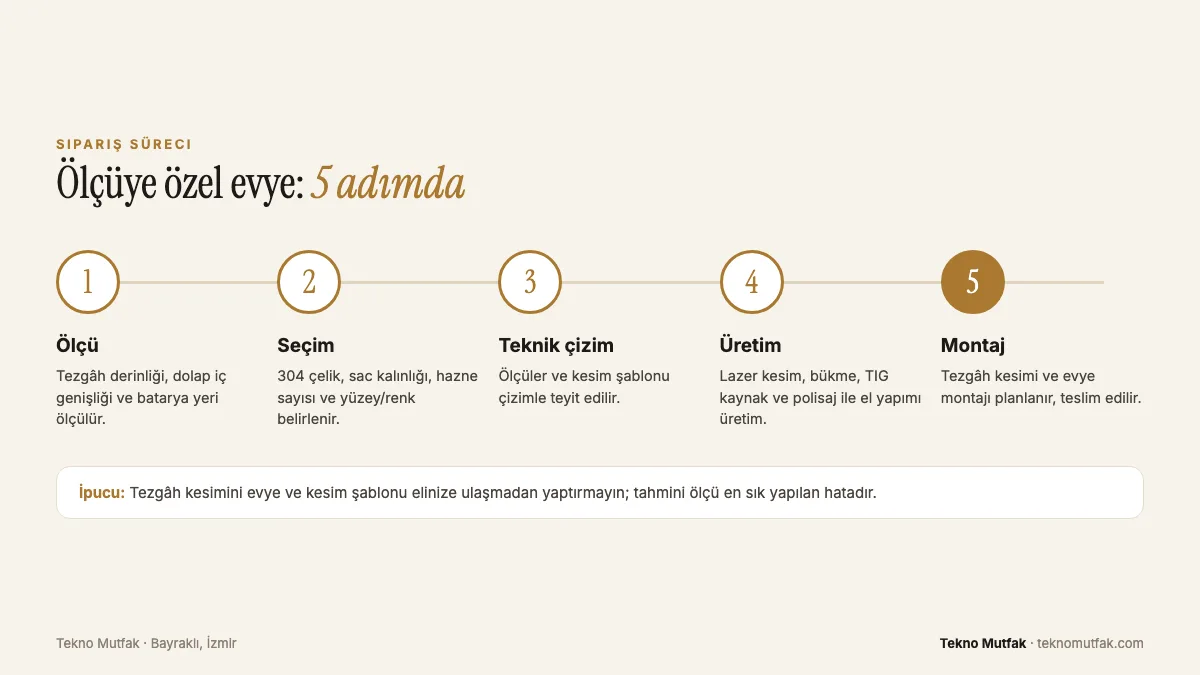 Ölçüye özel evye sipariş süreci 5 adım: ölçü, seçim, teknik çizim, üretim ve montaj
